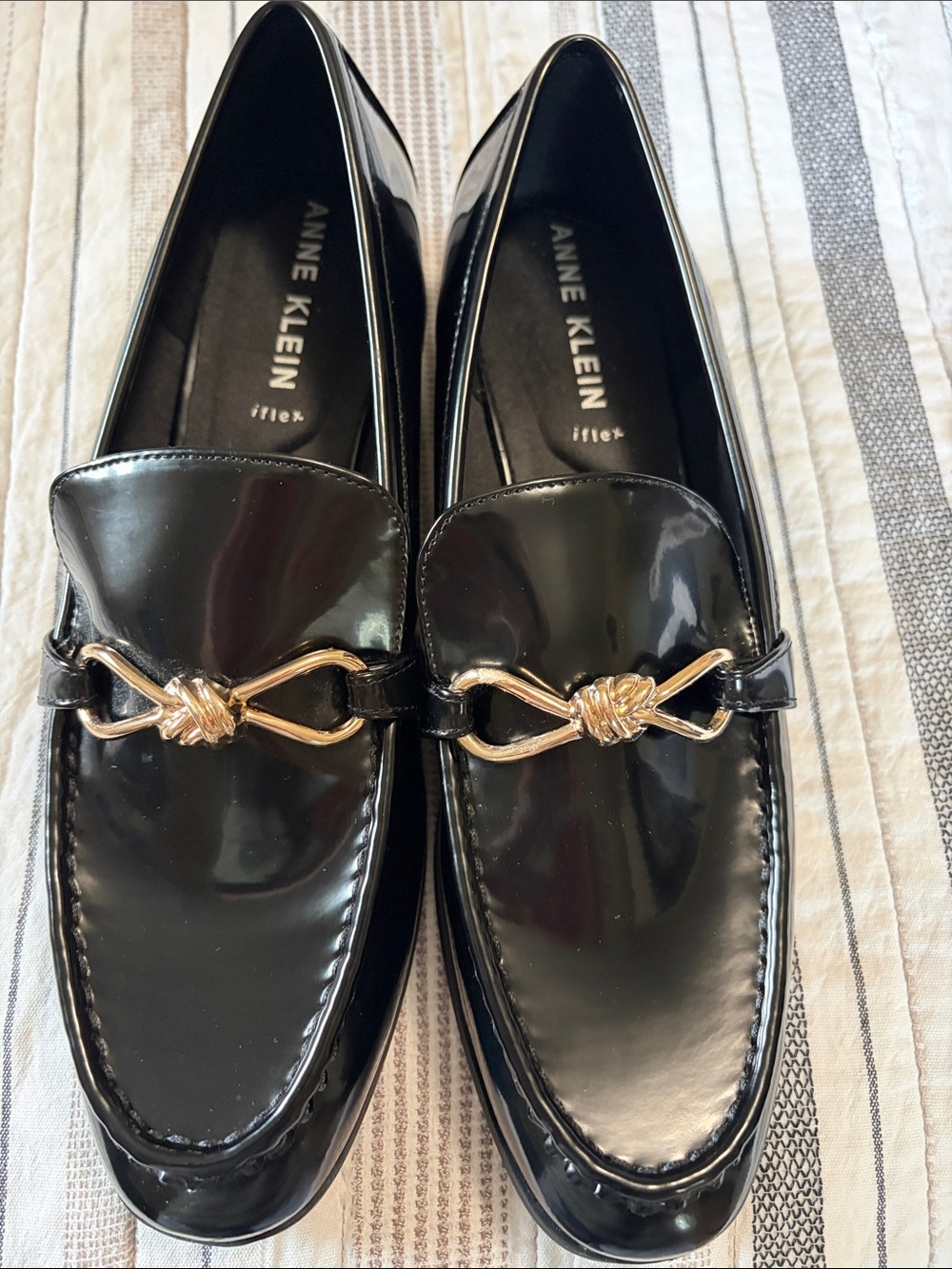 Anne Klein Black Patent Loafers with Gold Knot Detail